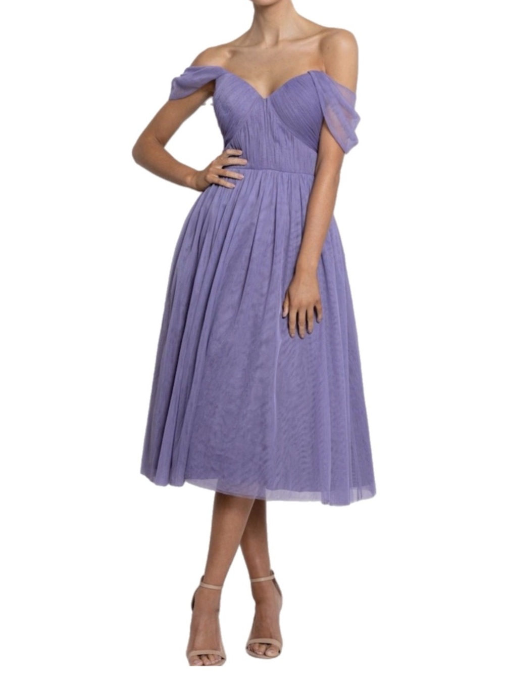 NWT Women’s $299 MSRP Bariano Australia Elegant Lavender Off-Shoulder Midi Dress
